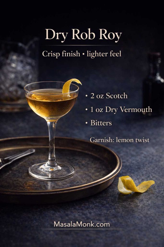 A Dry Rob Roy is the clean, crisp take on the classic—dry vermouth brightens the whisky, bitters keep it structured, and a lemon twist lifts the aroma with every sip.