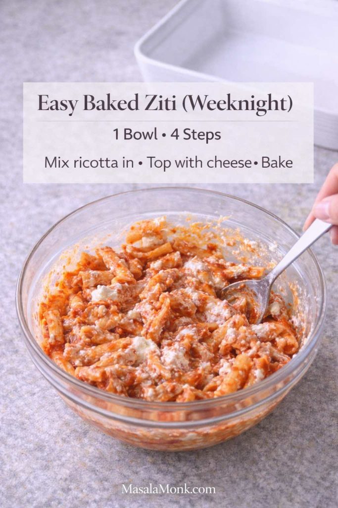 Easy baked ziti recipe (weeknight-friendly) shown in a bowl with marinara and ricotta mixed in, labeled 1 bowl and 4 steps.
