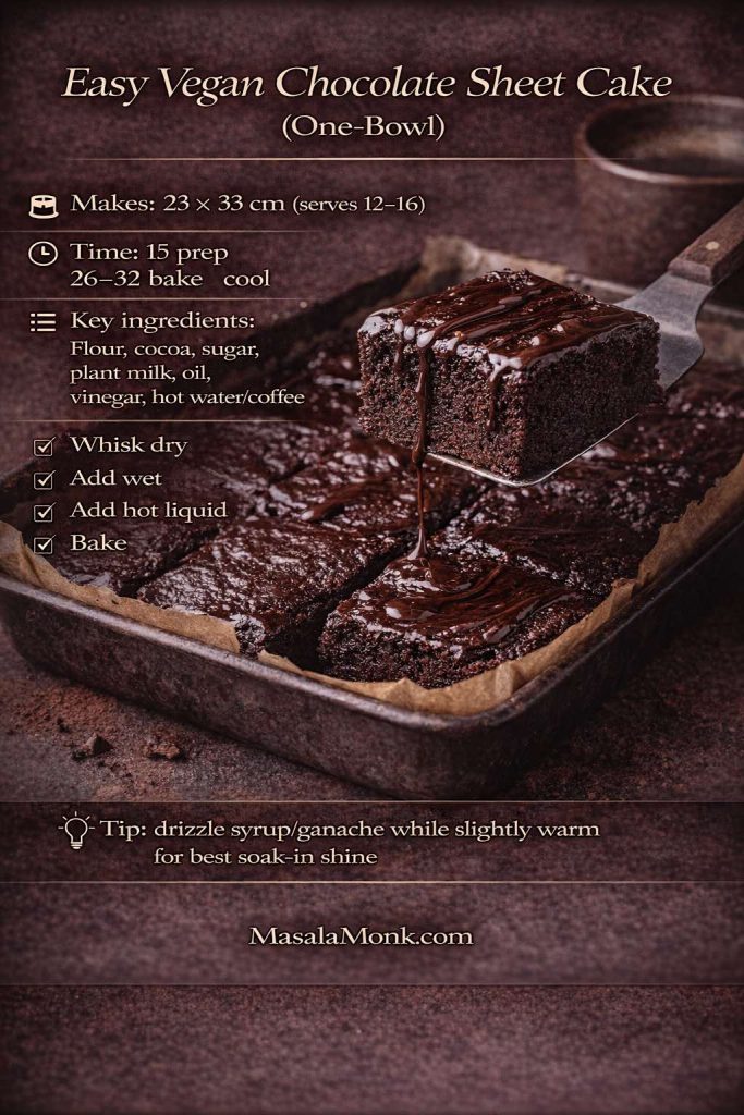 Easy vegan chocolate sheet cake recipe card showing moist chocolate cake squares with glossy drizzle, plus pan size, bake time, key ingredients, simple steps, and a tip to drizzle ganache or syrup while warm.