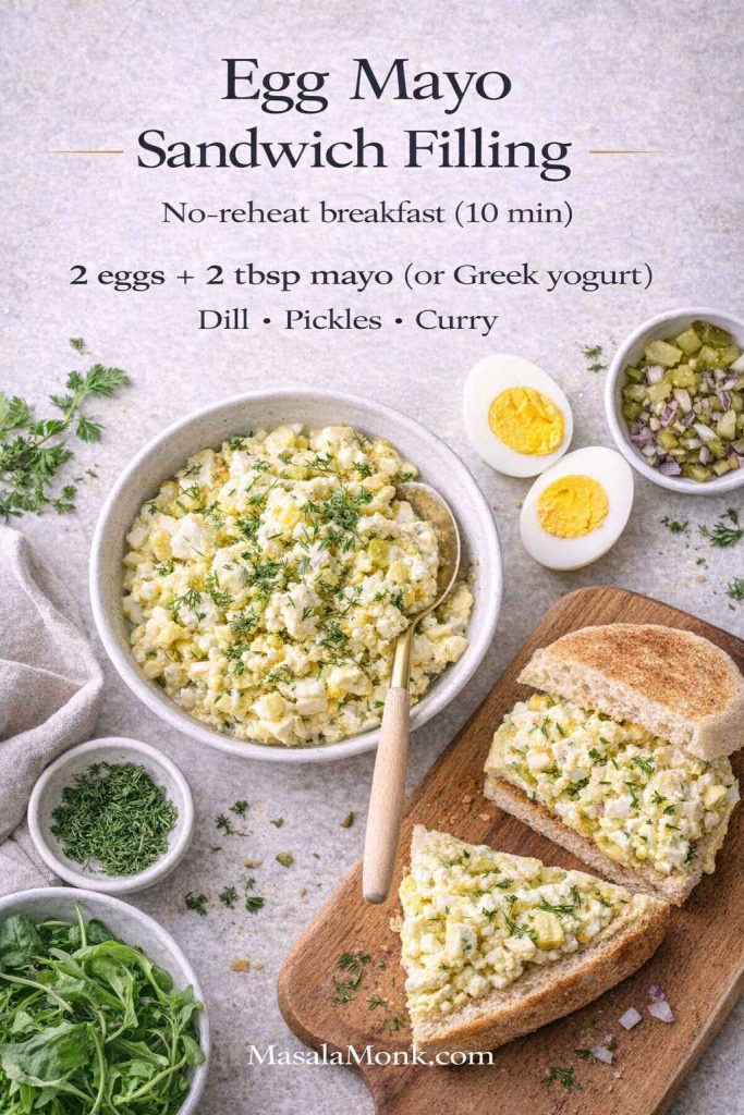 This egg mayo sandwich filling doubles as a simple egg salad sandwich recipe—mix chopped boiled eggs with mayo (or Greek yogurt), then add dill and pickles for crunch and a fresher, lighter bite.
