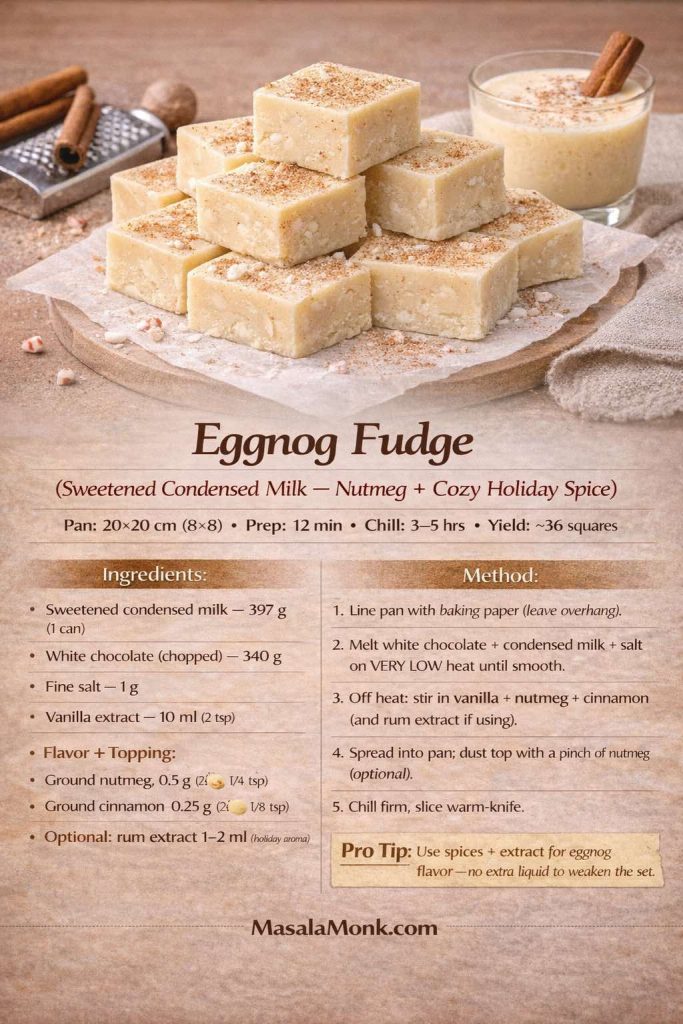 Recipe card image for eggnog fudge made with sweetened condensed milk. Shows creamy white chocolate fudge squares dusted with nutmeg on a parchment-lined wooden board, with cinnamon sticks, whole nutmeg, and a glass of eggnog in the background. Text overlay includes pan size (20×20 cm), prep time (12 min), chill time (3–5 hrs), yield (~36 squares), ingredients in grams (sweetened condensed milk, white chocolate, salt, vanilla, nutmeg, cinnamon, optional rum extract), a 5-step method using very low heat, a pro tip to use spices + extract for eggnog flavor without adding extra liquid, and MasalaMonk.com branding in the footer.