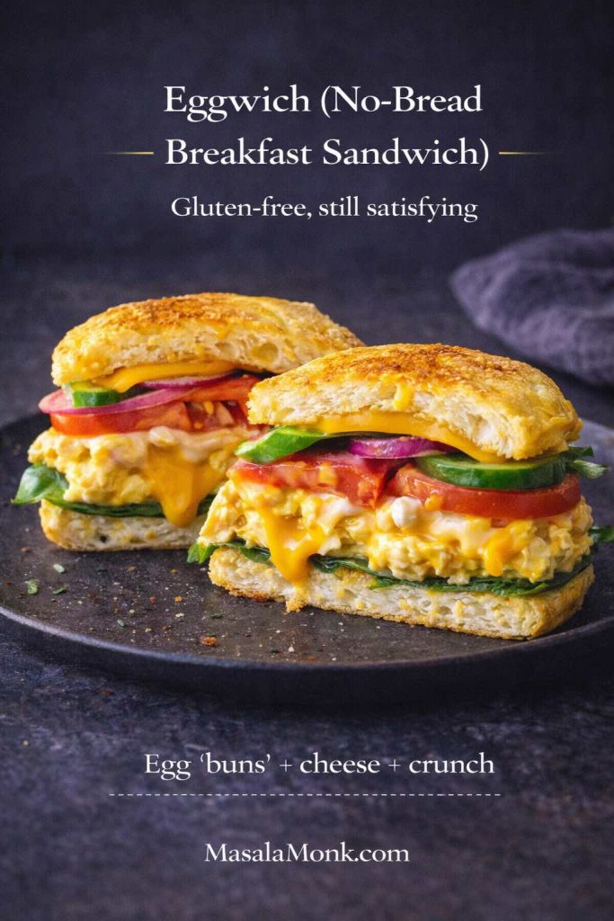 Eggwich no-bread breakfast sandwich guide showing egg “buns” with melted cheese, veggies, and sauce on a dark slate background, labeled as a gluten-free breakfast sandwich.