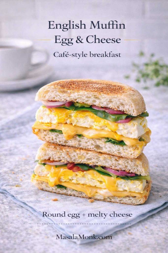 English muffin egg and cheese breakfast sandwich recipe card, cut in half to show a round egg patty, melted cheese, spinach, and red onion, with café-style text overlay and MasalaMonk.com footer.