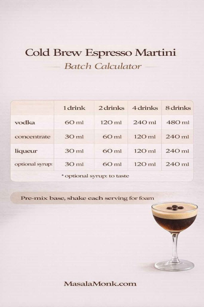 Batch calculator table for cold brew espresso martinis showing ingredient amounts for 1, 2, 4, and 8 drinks (vodka, cold brew concentrate, coffee liqueur), with a tip to pre-mix the base and shake each serving for foam.