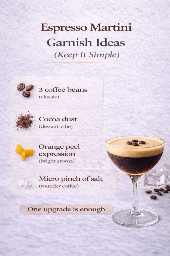 Espresso martini garnish ideas infographic showing four simple options: three coffee beans, cocoa dust, orange peel expression, and a micro pinch of salt to enhance coffee flavor.