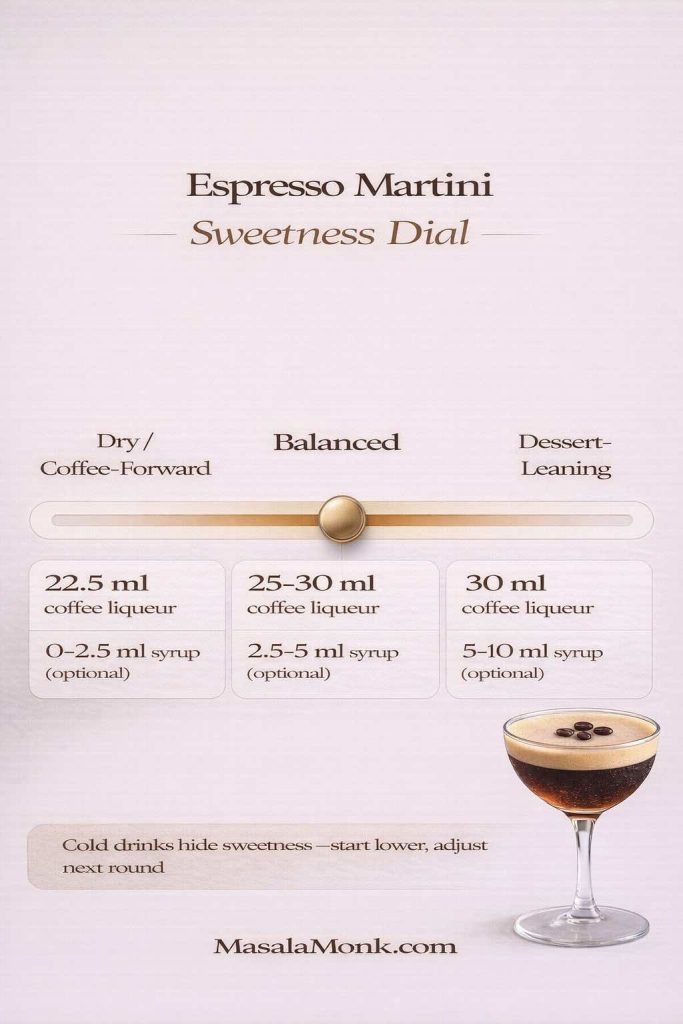 Espresso martini sweetness dial infographic showing dry, balanced, and dessert-leaning options with suggested coffee liqueur amounts (22.5 ml, 25–30 ml, 30 ml) and optional simple syrup ranges.