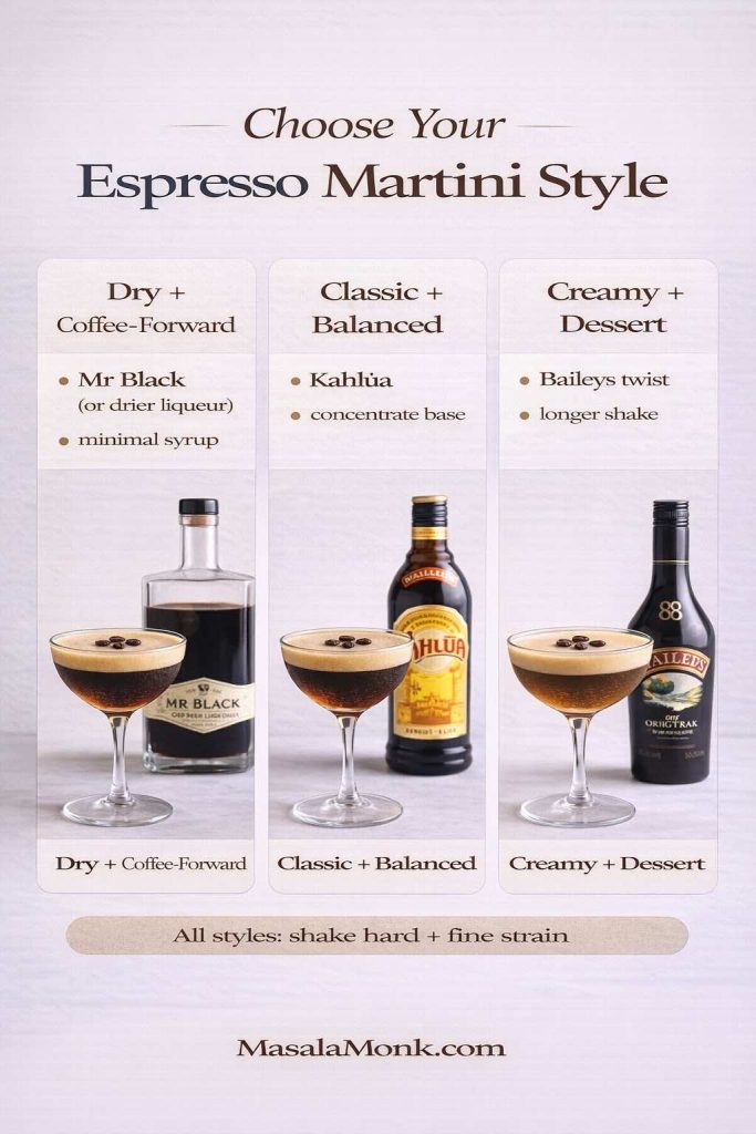 Espresso martini style guide showing three options—dry coffee-forward, classic balanced, and creamy dessert—plus a tip to shake hard and fine strain for best texture.