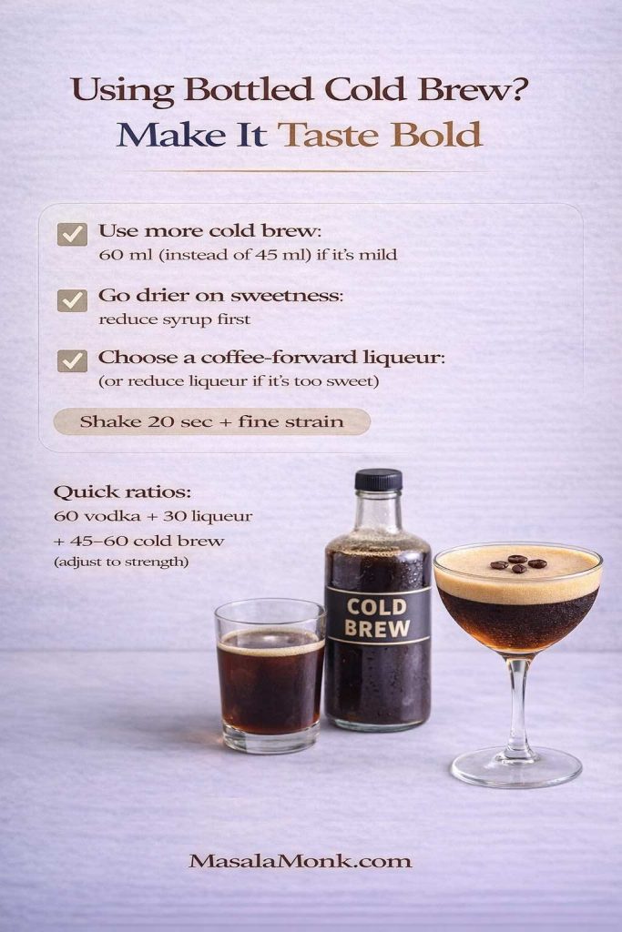 Infographic showing how to make an espresso martini with bottled cold brew taste bold, including using more cold brew if mild, reducing syrup, choosing a coffee-forward liqueur, and a quick ratio guide.