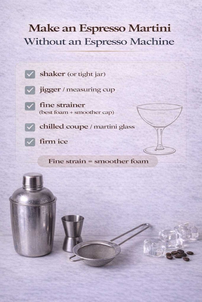 Tools checklist for making an espresso martini without an espresso machine, showing a shaker, jigger, fine strainer, chilled glass, and firm ice, with a tip that fine straining improves foam.