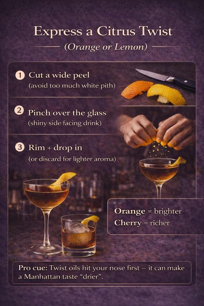 Step-by-step guide to express an orange or lemon twist over a Manhattan cocktail to release citrus oils, with garnish tips for brighter aroma.
