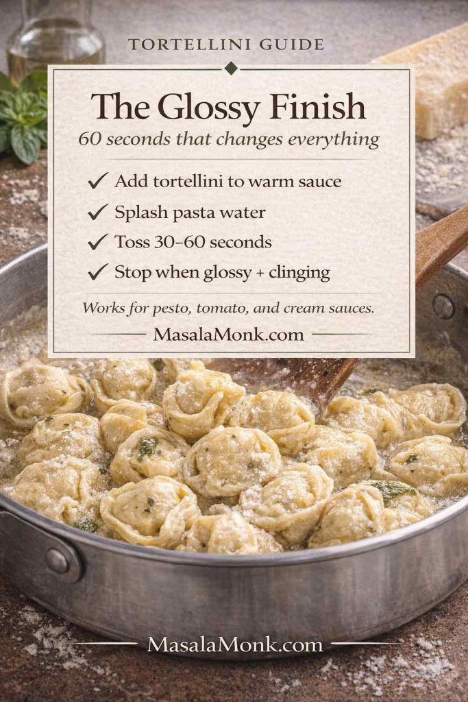 Tortellini guide card showing how to finish tortellini in sauce with pasta water for a glossy coating: add to warm sauce, splash pasta water, toss 30–60 seconds, stop when glossy and clinging.