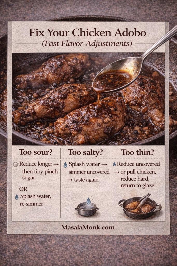 Infographic titled “Fix Your Chicken Adobo (Fast Flavor Adjustments).” Photo shows chicken adobo in a pan with a spoon pouring glossy adobo sauce over the chicken. Below, three columns give quick fixes: “Too sour?” reduce longer then add a tiny pinch of sugar, or splash water and re-simmer; “Too salty?” add a splash of water, simmer uncovered, and taste again; “Too thin?” reduce uncovered, or remove chicken, reduce sauce harder, then return chicken to glaze. MasalaMonk.com is in the footer.