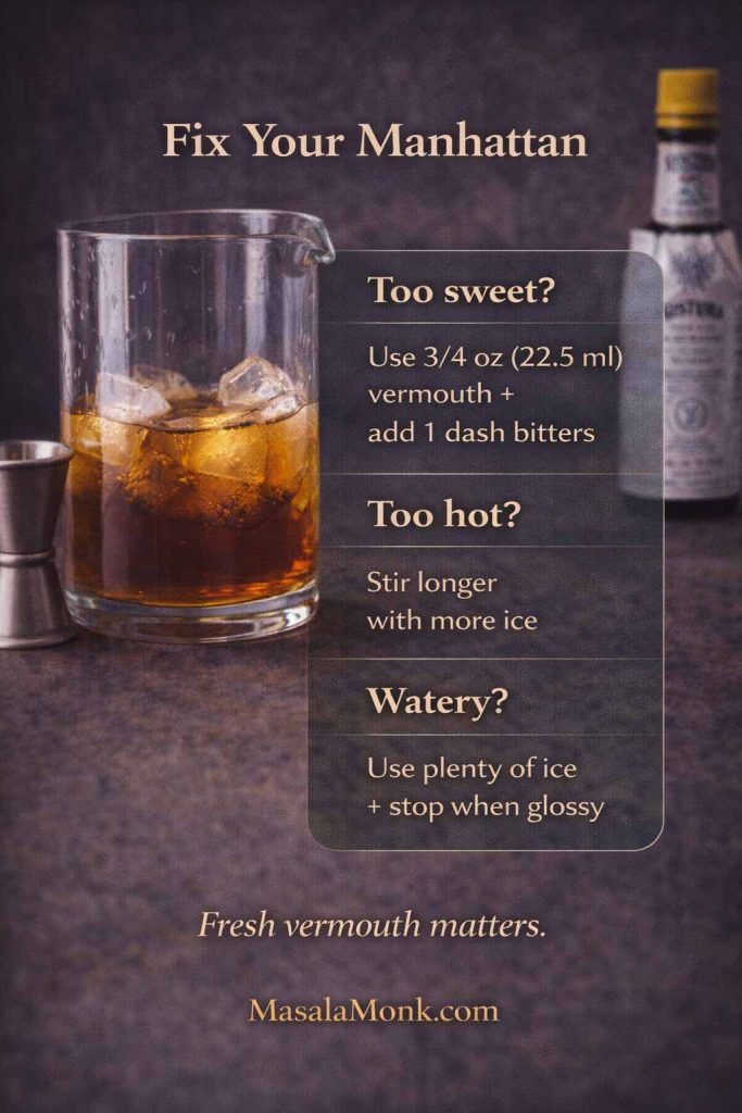 Fix Your Manhattan guide card with troubleshooting tips for a Manhattan cocktail recipe: too sweet, too hot, or watery, including oz and ml adjustments, MasalaMonk.com
