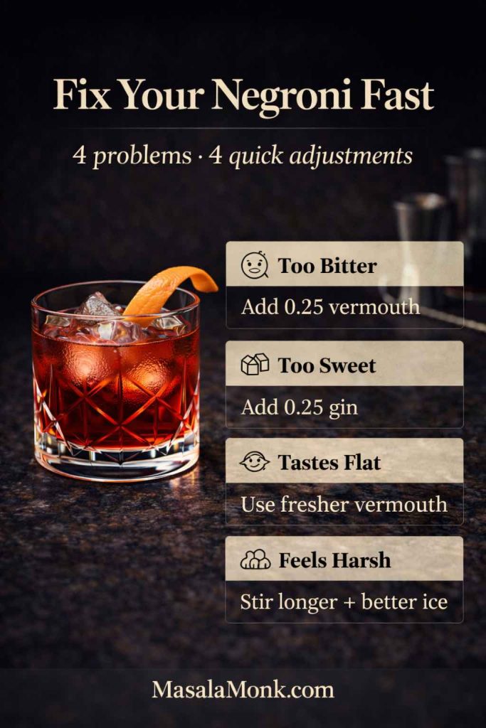 Negroni tasting off? Use this quick fix guide: add a touch more vermouth to soften bitterness, add a touch more gin to cut sweetness, swap in fresh vermouth if flavors feel dull, and stir longer with solid ice when the finish is harsh.