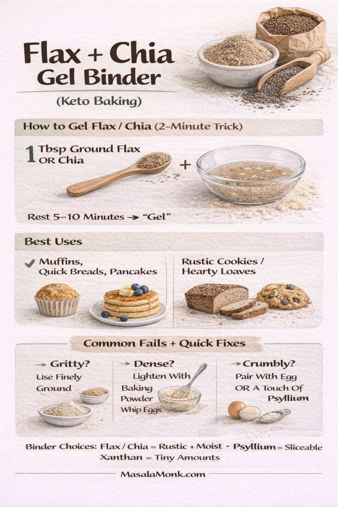 Flax + chia gel binder infographic for keto baking. Shows how to make a flax/chia “egg” (1 tbsp ground flax or chia + water, rest 5–10 minutes), best uses (muffins, quick breads, pancakes; rustic cookies/hearty loaves), and common fails with fixes (gritty = grind finer, dense = add lift/whip eggs, crumbly = pair with egg or a touch of psyllium). MasalaMonk.com footer.
