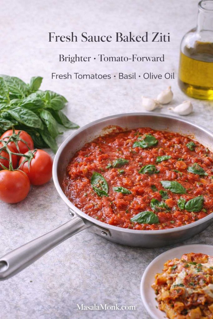 Fresh sauce baked ziti card showing a skillet of fresh tomato sauce with basil, tomatoes, garlic, and olive oil, labeled brighter and tomato-forward.