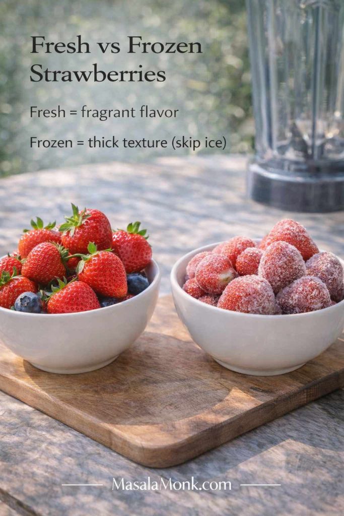 Fresh vs frozen strawberries guide card for smoothies showing two bowls of strawberries outdoors, with tip that frozen strawberries make thicker smoothies and help you skip ice.