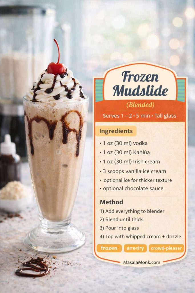 Frozen Mudslide recipe card showing a blended Kahlúa drink with vodka, Irish cream, vanilla ice cream, whipped cream, and chocolate drizzle.