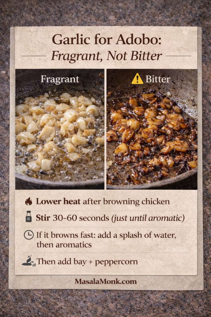 Split-panel infographic about garlic for chicken adobo. Left panel labeled “Fragrant” shows lightly cooked chopped garlic in oil, pale-golden and aromatic. Right panel labeled “Bitter” shows garlic browned too dark and scorched. Text overlay reads “Garlic for Adobo: Fragrant, Not Bitter” and lists tips: lower heat after browning chicken, stir 30–60 seconds until aromatic, if it browns fast add a splash of water then aromatics, then add bay leaves and peppercorns. MasalaMonk.com is in the footer.