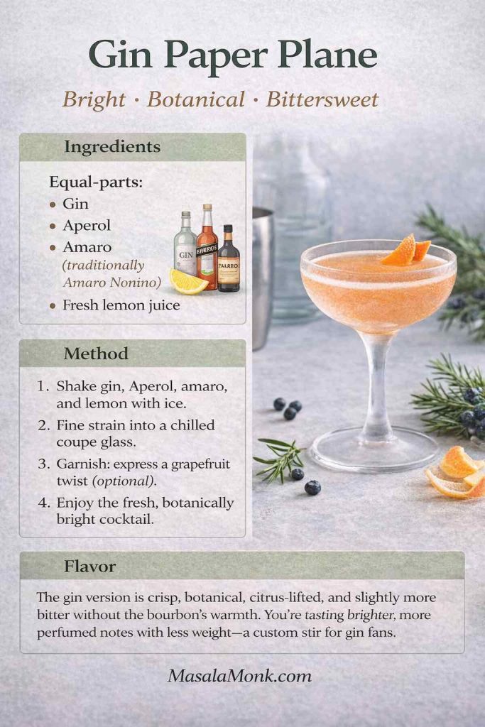 Gin Paper Plane cocktail recipe card showing an equal-parts mix of gin, Aperol, amaro, and fresh lemon juice, with method steps and a coupe glass garnish, branded MasalaMonk.com.