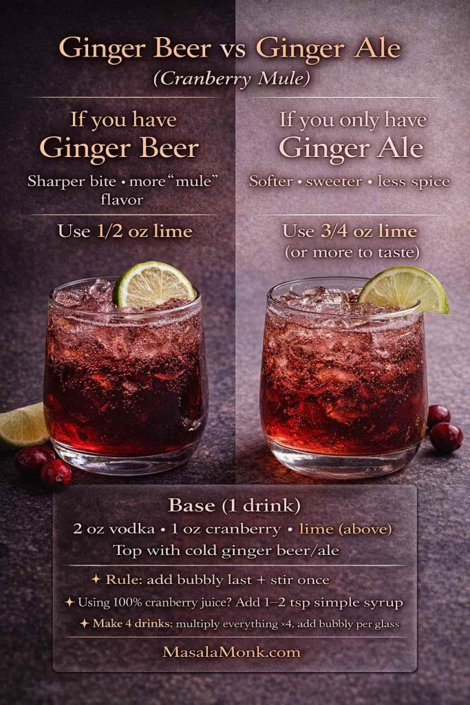 Portrait graphic comparing ginger beer vs ginger ale for a cranberry mule, showing how to adjust lime, plus a base recipe and quick tips for sweetness and scaling.