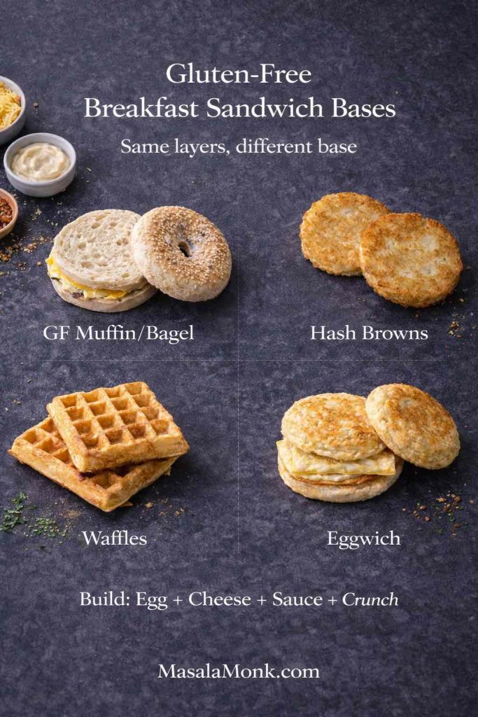 Gluten-free breakfast sandwich bases guide showing GF muffin or bagel, hash brown buns, waffles, and an eggwich, with a simple build formula and MasalaMonk.com footer.