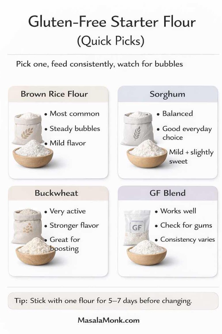 Infographic titled “Gluten-Free Starter Flour (Quick Picks)” with the subtitle “Pick one, feed consistently, watch for bubbles.” Four cards show recommended gluten-free flours for a sourdough starter: Brown Rice Flour (most common, steady bubbles, mild flavor), Sorghum (balanced, good everyday choice, mild + slightly sweet), Buckwheat (very active, stronger flavor, great for boosting), and GF Blend (works well, check for gums, consistency varies). A tip reads: “Stick with one flour for 5–7 days before changing.” Footer: MasalaMonk.com.