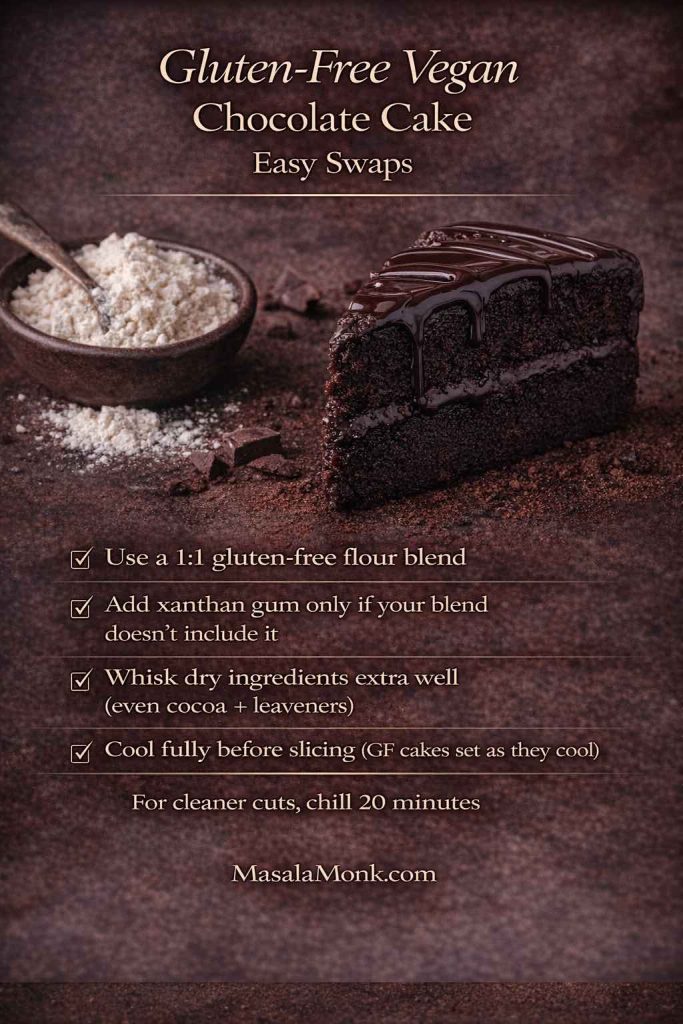 Gluten-free vegan chocolate cake swaps graphic showing tips to use a 1:1 gluten-free flour blend, add xanthan gum only if needed, whisk dry ingredients well, and cool fully before slicing.