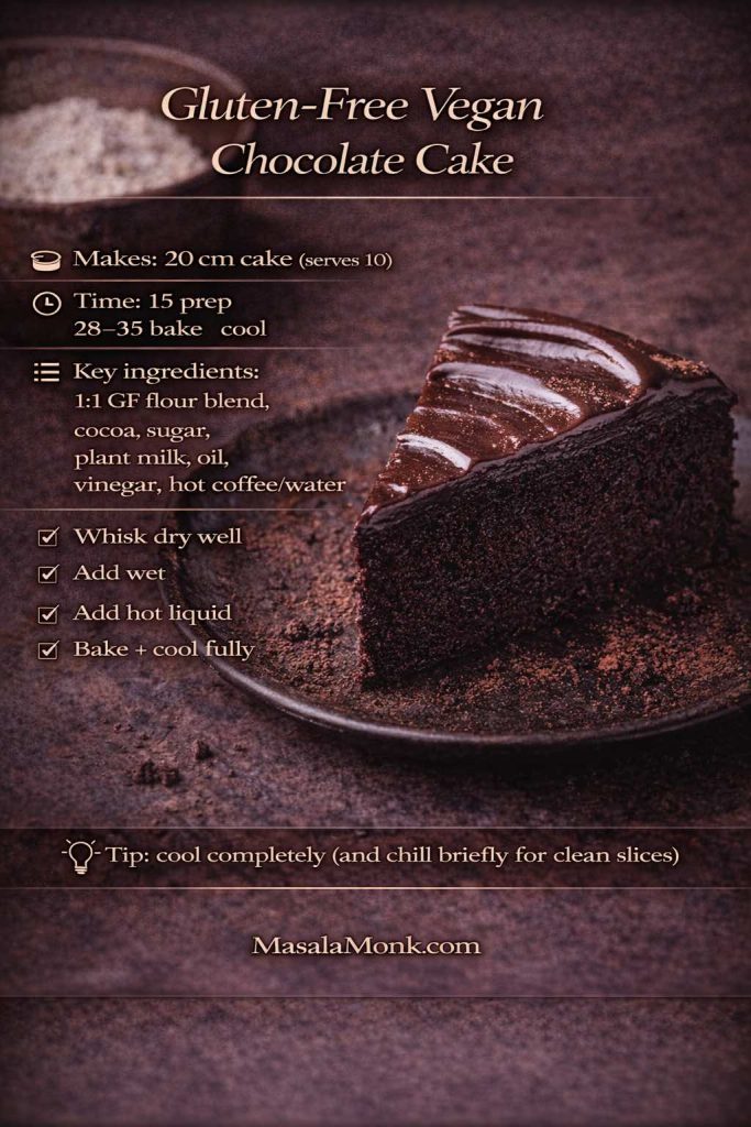 Gluten-free vegan chocolate cake recipe card showing a frosted chocolate cake slice with cocoa dusting, plus makes/serves, bake time, key ingredients, quick method steps, and a tip to cool completely for clean slices.