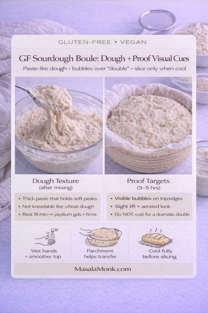 Gluten-free vegan sourdough boule visual guide showing thick paste-like dough after mixing and a proofed dough in a lined basket, with notes to look for bubbles and slight lift (not a full double), plus tips: wet hands to smooth, parchment for transfer, and cool completely before slicing.