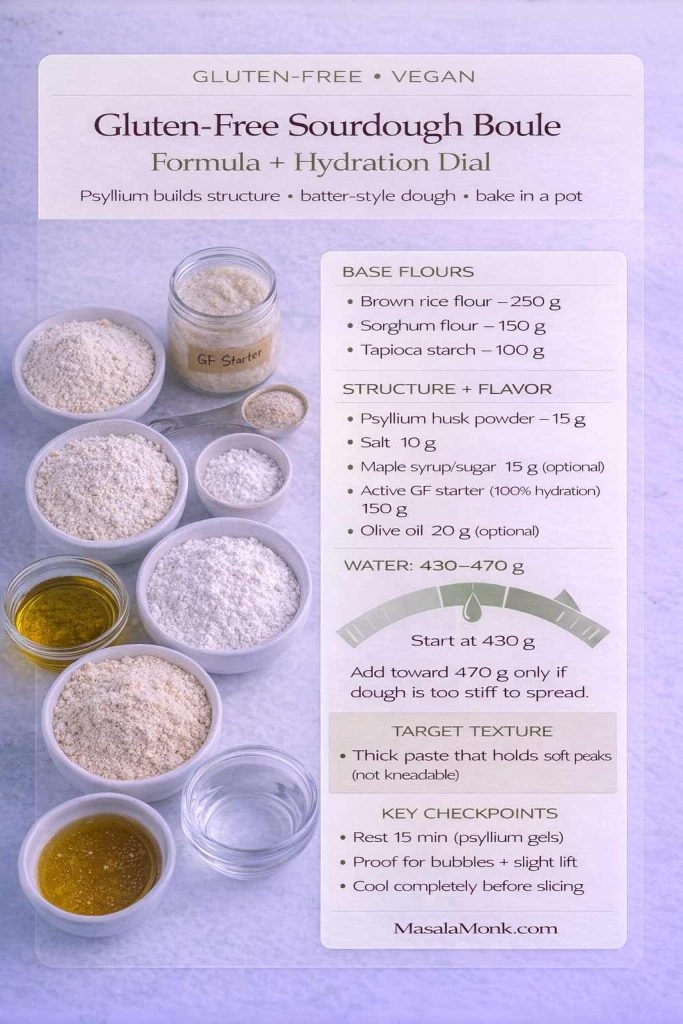 Gluten-free vegan sourdough boule recipe card showing measured ingredients (brown rice flour, sorghum flour, tapioca starch, psyllium husk, salt, maple/sugar optional, active gluten-free starter, olive oil optional) plus a hydration dial recommending water 430–470 g, target texture “thick paste that holds soft peaks,” and key checkpoints (rest 15 minutes, proof for bubbles + slight lift, cool before slicing). MasalaMonk.com in footer.