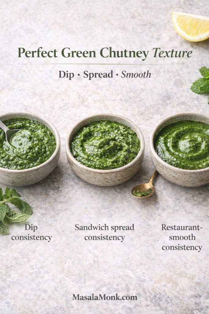 Green chutney consistency guide showing three textures: dip consistency, thick sandwich spread, and restaurant-smooth green chutney.