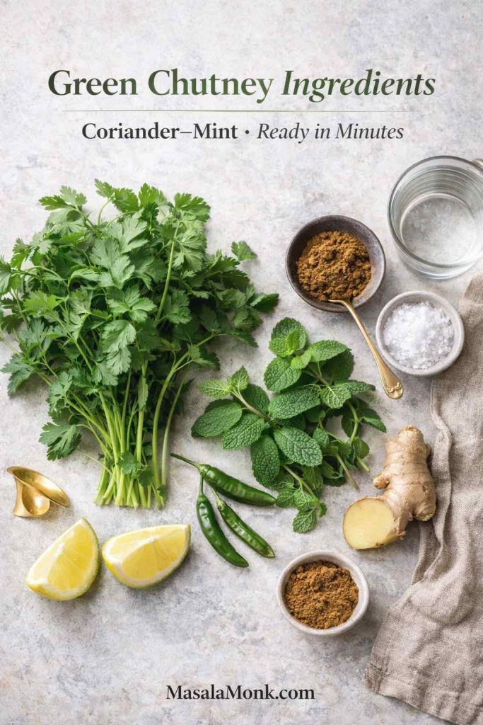 Green chutney ingredients flatlay with coriander (cilantro), mint, green chilies, ginger, lemon, roasted cumin powder, and salt.