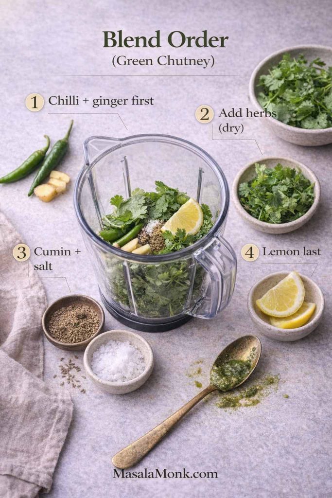 Green chutney blend order guide showing the step-by-step sequence: chilli and ginger first, add herbs dry, cumin and salt, lemon last.
