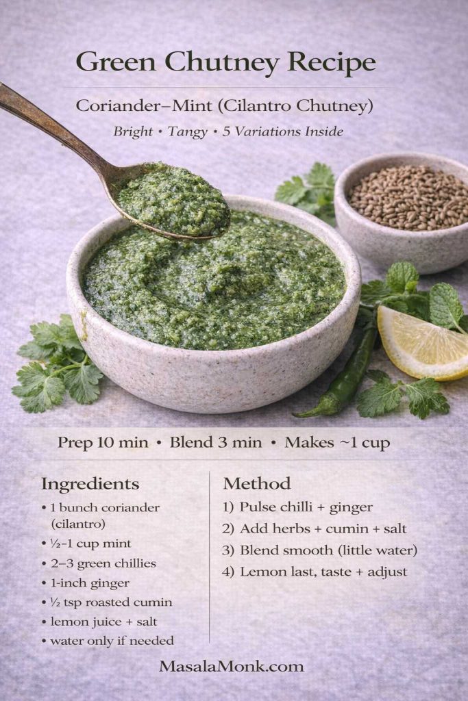 Green chutney recipe card with coriander–mint (cilantro chutney) showing ingredients, quick method, prep time, and yield.