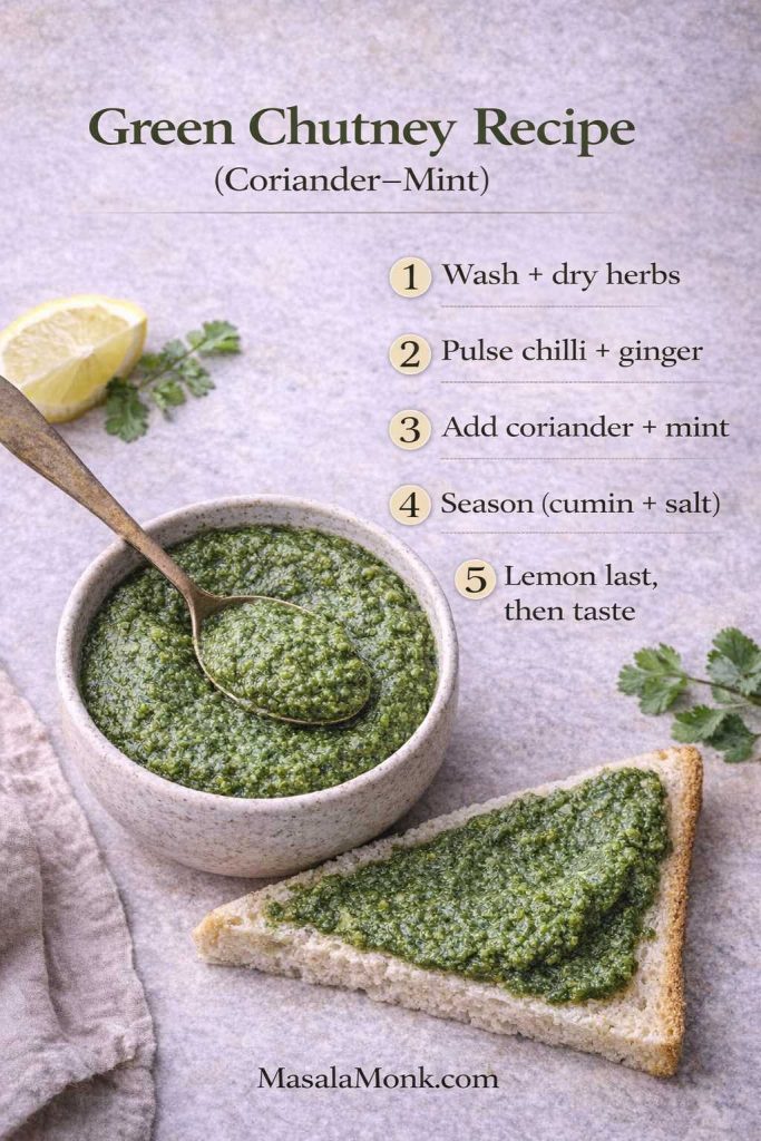 Green chutney recipe quick steps card showing coriander–mint (cilantro) chutney in 5 steps with a bowl of green chutney and bread.