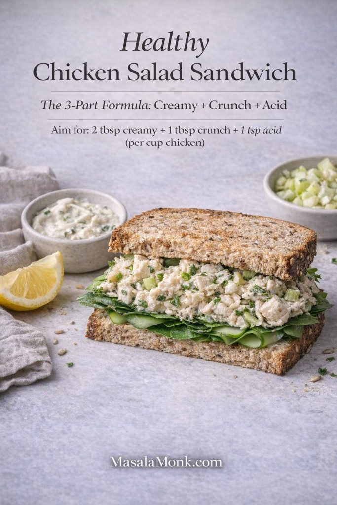 A simple ratio makes a healthier chicken salad sandwich easy anywhere: choose a creamy base, add crisp crunch, then finish with a bright splash of acid for a fresh, balanced bite every time.