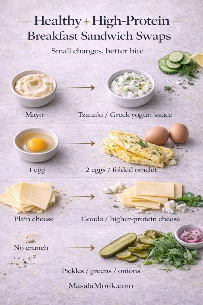 Healthy high-protein breakfast sandwich swaps infographic showing mayo swapped for tzatziki, one egg swapped for a folded omelet with two eggs, plain cheese swapped for higher-protein cheese, and crunch added with pickles, greens, and onions.