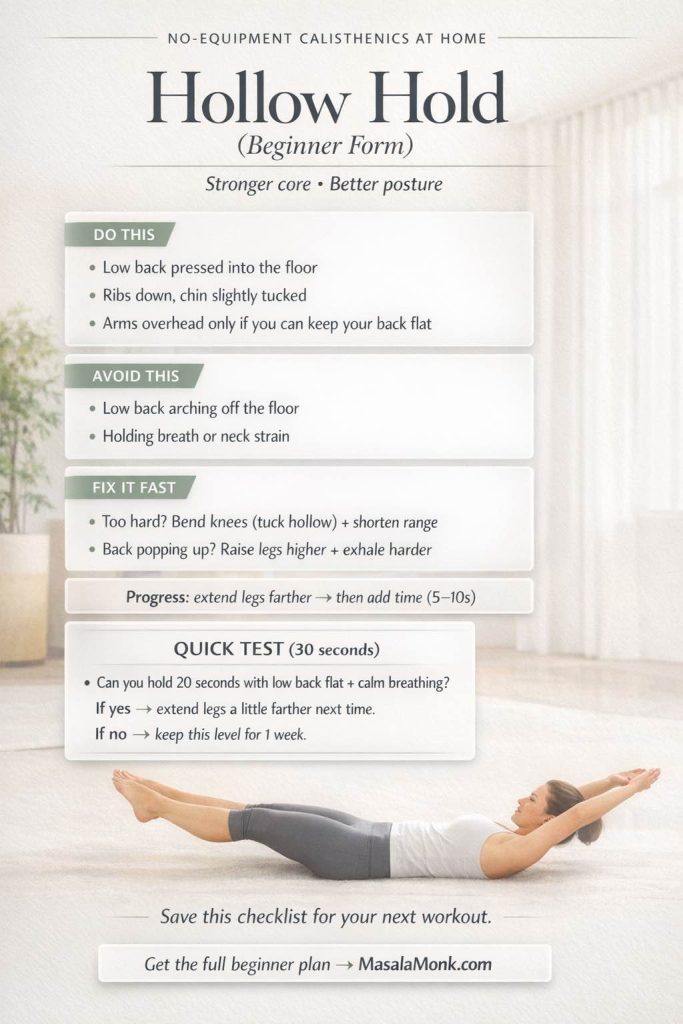 Portrait infographic: “Hollow Hold (Beginner Form)” for no-equipment calisthenics at home. Shows hollow hold cues (low back pressed into the floor; ribs down with chin slightly tucked; arms overhead only if you can keep your back flat), mistakes to avoid (low back arching off the floor; holding breath or neck strain), quick fixes (bend knees “tuck hollow” and shorten range; raise legs higher and exhale harder if the back pops up), a one-line progression (extend legs farther then add time 5–10s), a 30-second quick test to hold 20 seconds with low back flat and calm breathing, and MasalaMonk.com branding.