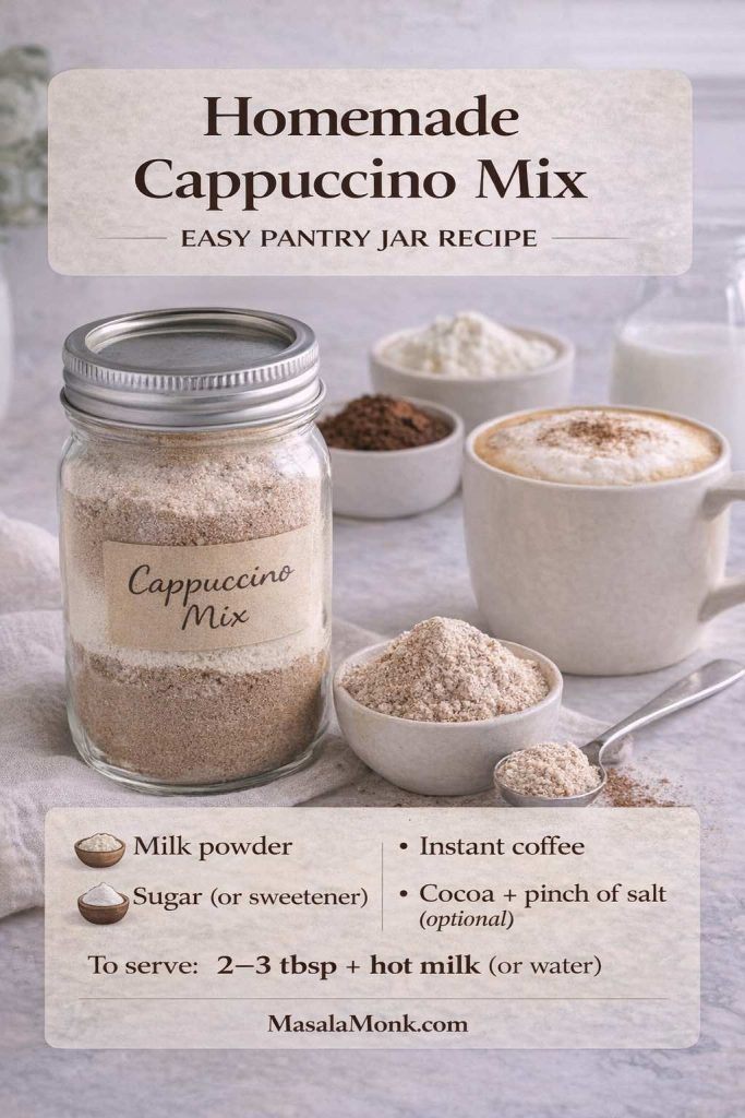 Homemade cappuccino mix in a mason jar with text overlay showing an easy pantry jar recipe using milk powder, instant coffee, sugar (or sweetener), and optional cocoa plus a pinch of salt.