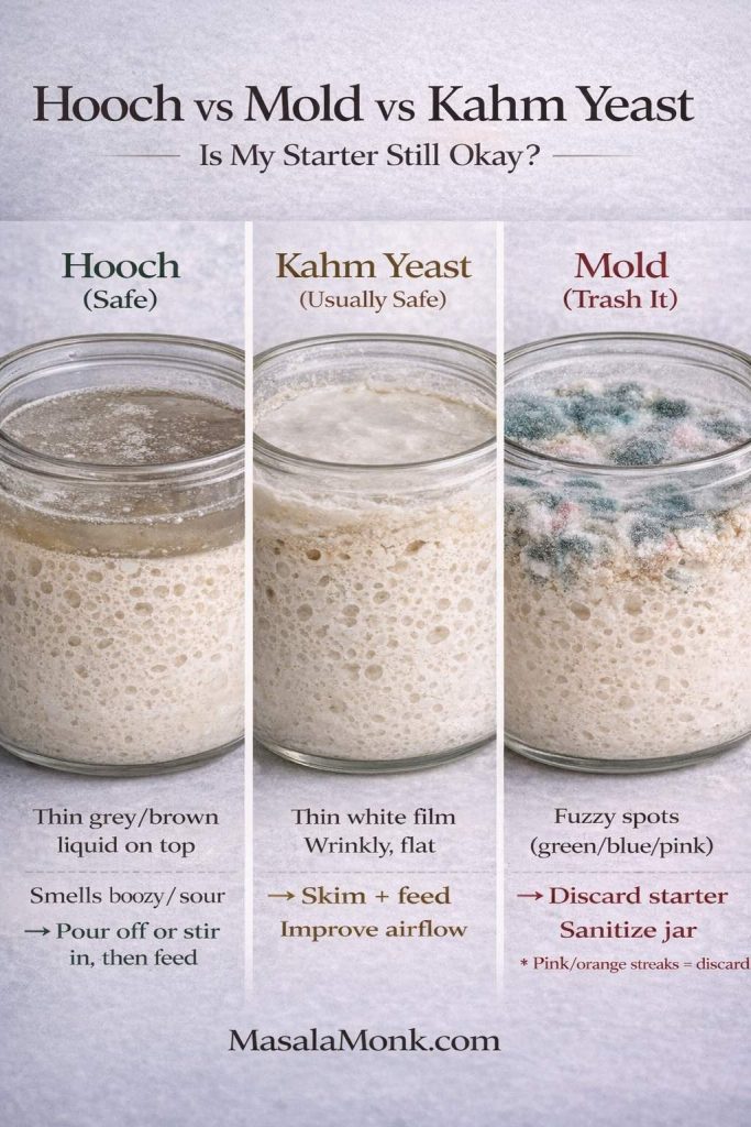 Infographic showing three sourdough starter problems: hooch (thin gray-brown liquid on top; safe—pour off or stir then feed), kahm yeast (thin white wrinkly film; usually safe—skim and feed, improve airflow), and mold (fuzzy green/blue/pink spots; discard starter and sanitize jar).