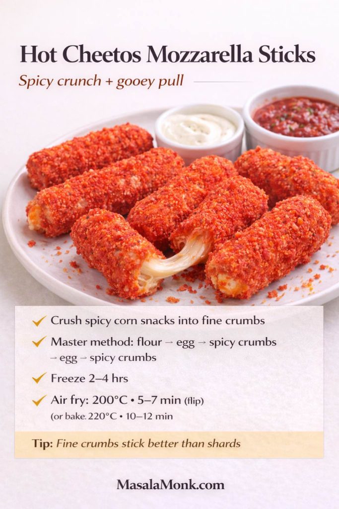 Recipe-card image titled “Hot Cheetos Mozzarella Sticks” showing bright red-orange, spicy-crumb coated mozzarella sticks on a plate with one stick pulled open for a gooey cheese stretch. Two dips sit behind the plate (ranch-style/creamy dip and marinara). Text instructions say: crush spicy corn snacks into fine crumbs; use master method flour → egg → spicy crumbs → egg → spicy crumbs; freeze 2–4 hours; air fry at 200°C for 5–7 minutes (flip) or bake at 220°C for 10–12 minutes. Tip says fine crumbs stick better than shards. MasalaMonk.com branding.