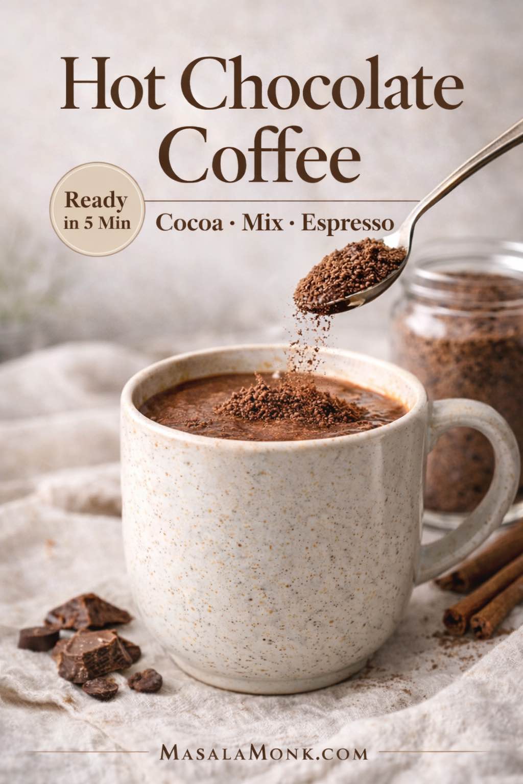 Hot chocolate coffee in a ceramic mug with cocoa powder sprinkled on top, showing three easy ways: cocoa, mix, and espresso