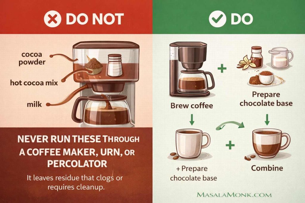 Do not run cocoa powder, hot cocoa mix, or milk through a coffee maker, urn, or percolator; brew coffee separately, make a chocolate base separately, then combine for hot chocolate coffee.