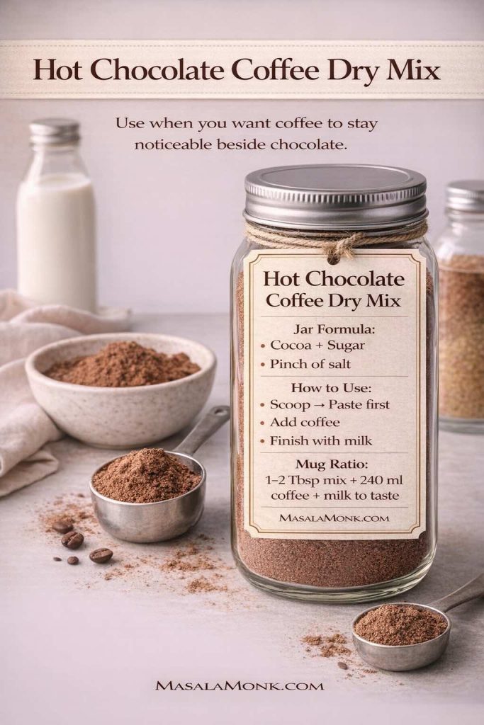 Hot chocolate coffee dry mix jar label showing cocoa, sugar, and a pinch of salt with simple “scoop → paste first → add coffee → finish with milk” instructions and a 1–2 tablespoon per mug ratio.