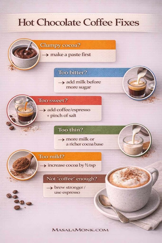 Hot chocolate coffee fixes infographic with color-coded troubleshooting tips for clumpy cocoa, too bitter, too sweet, too thin, too mild, and not coffee enough.