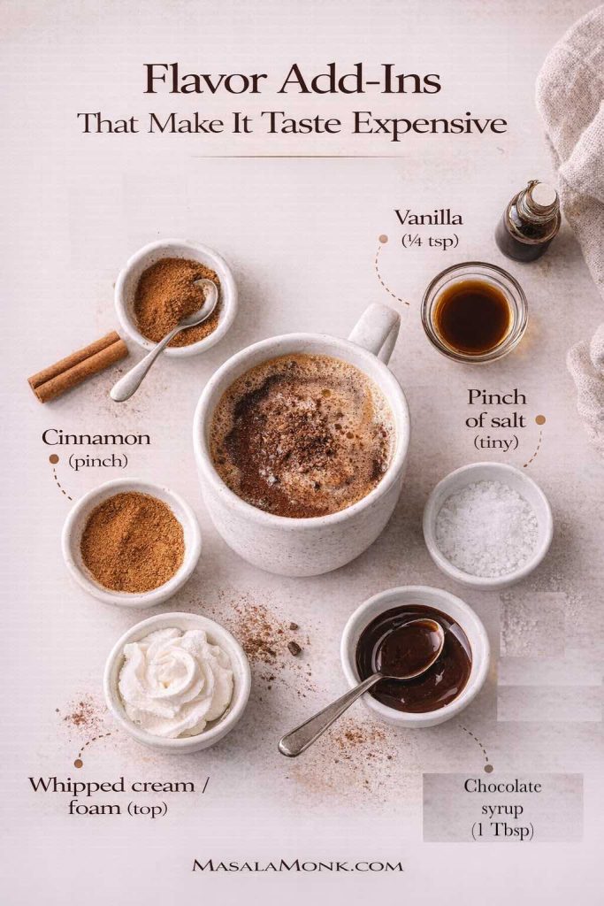 Hot chocolate coffee flavor add-ins infographic showing cinnamon, vanilla, pinch of salt, chocolate syrup, and whipped cream to make the drink taste richer