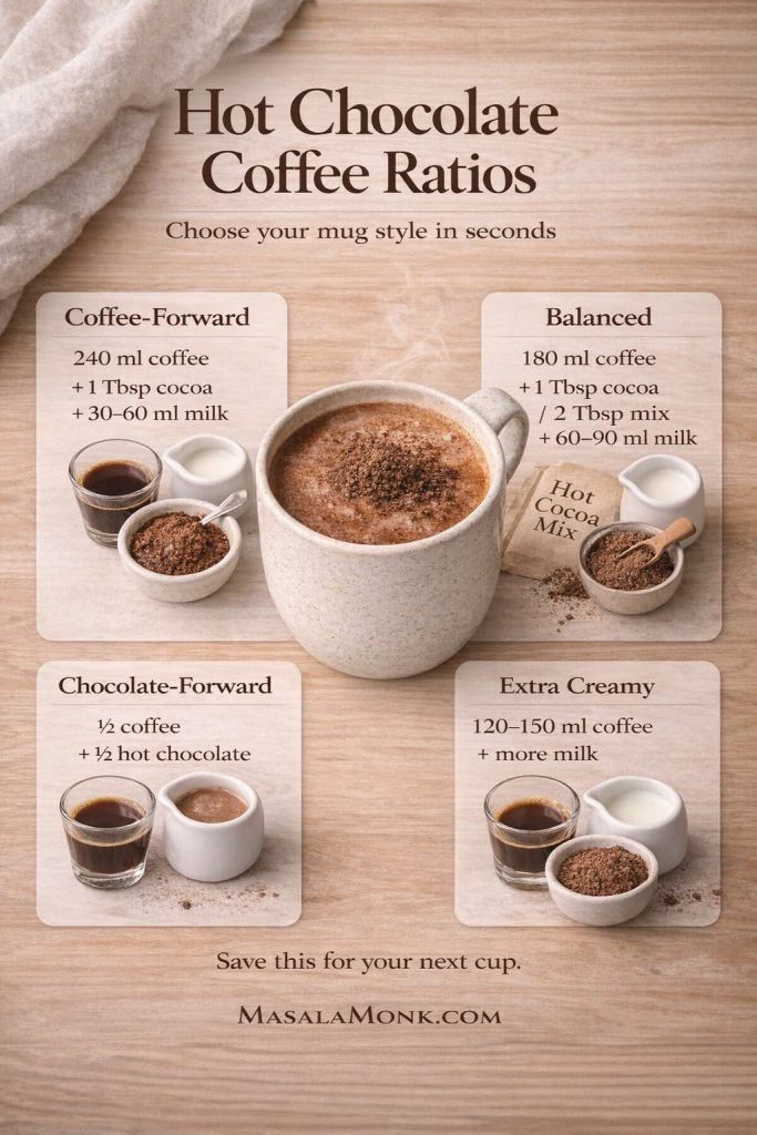 Hot chocolate coffee ratios infographic showing coffee-forward, balanced, chocolate-forward, and extra creamy measurements with cocoa, hot cocoa mix, espresso-style coffee, and milk.