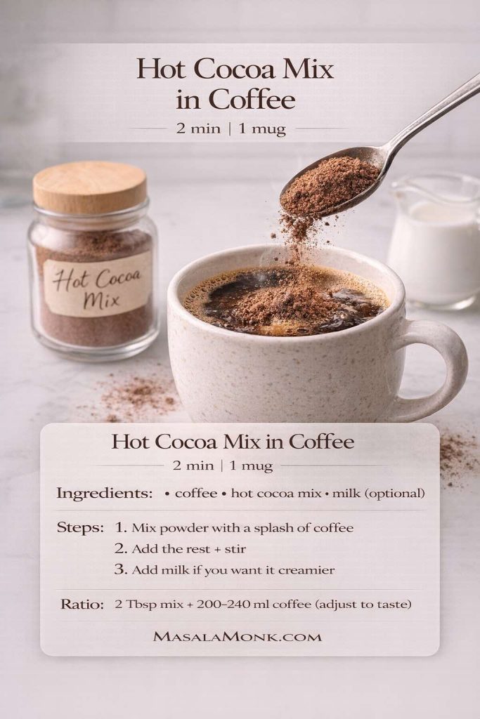 Hot cocoa mix in coffee recipe card showing cocoa powder falling from a spoon into a mug of coffee, with 2-minute steps and ratio for a smooth drink.