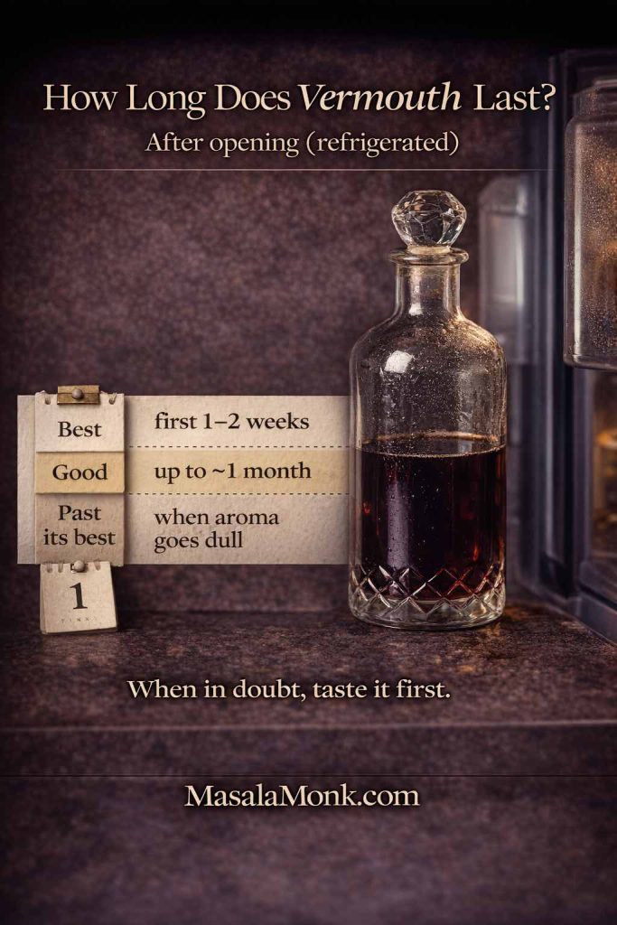 How long does vermouth last after opening infographic showing a refrigerated vermouth timeline: best in the first 1–2 weeks, good up to about 1 month, and past its best when aroma goes dull.
